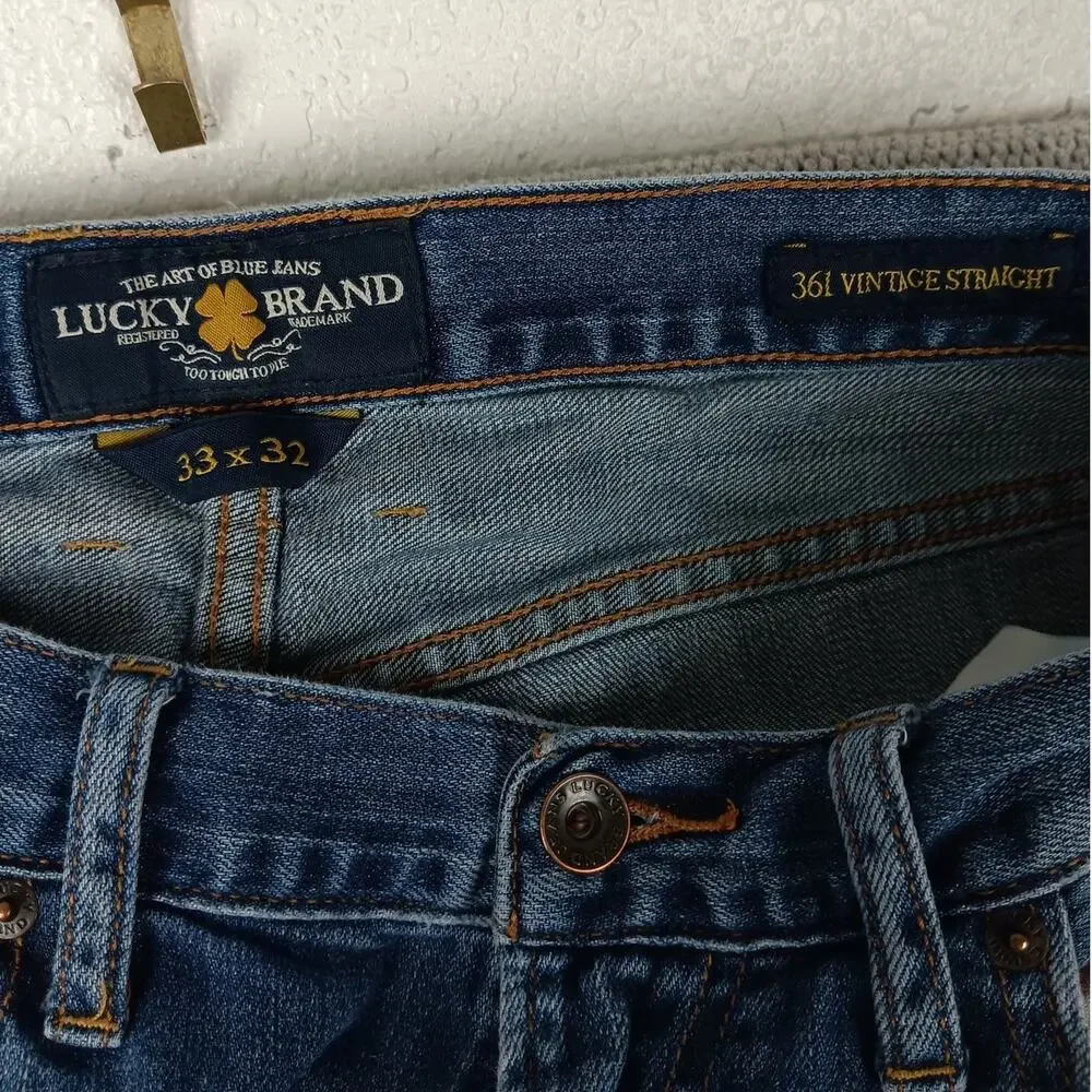 Lucky Brand 361 Vintage Straight Jeans Mens 33X31 Blue Whiskered Casual Street - Picture 7 of 14